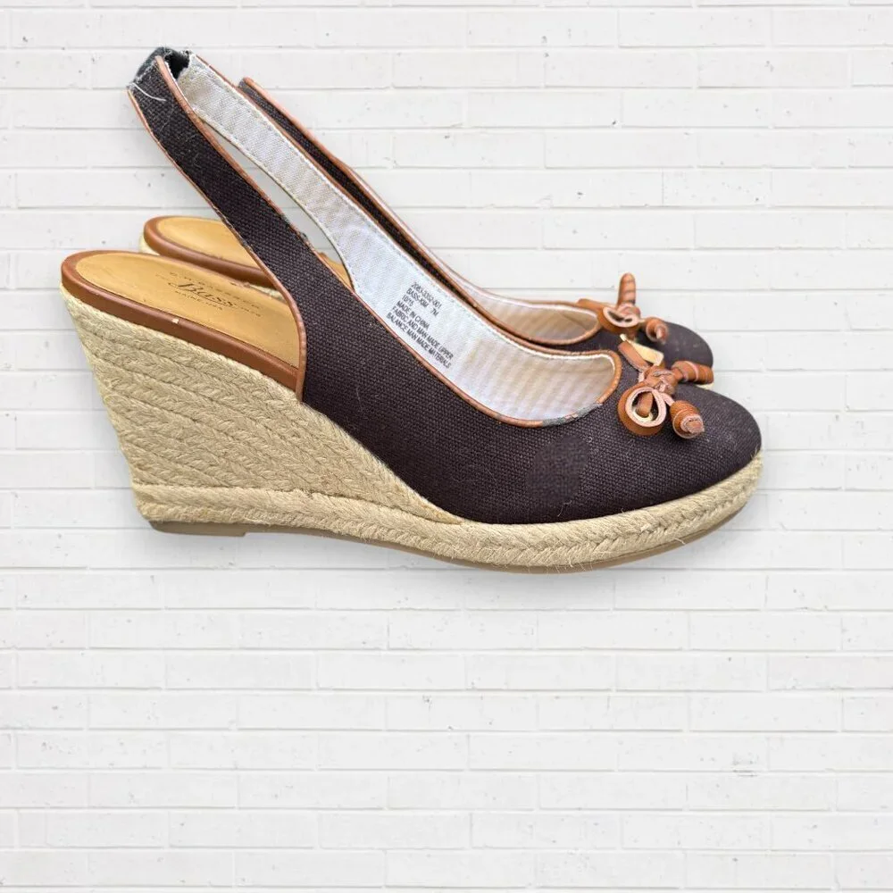 BASS Black Canvas Sling Back Kim Wedge Jute Espadrilles Heels Shoes Womens 7
